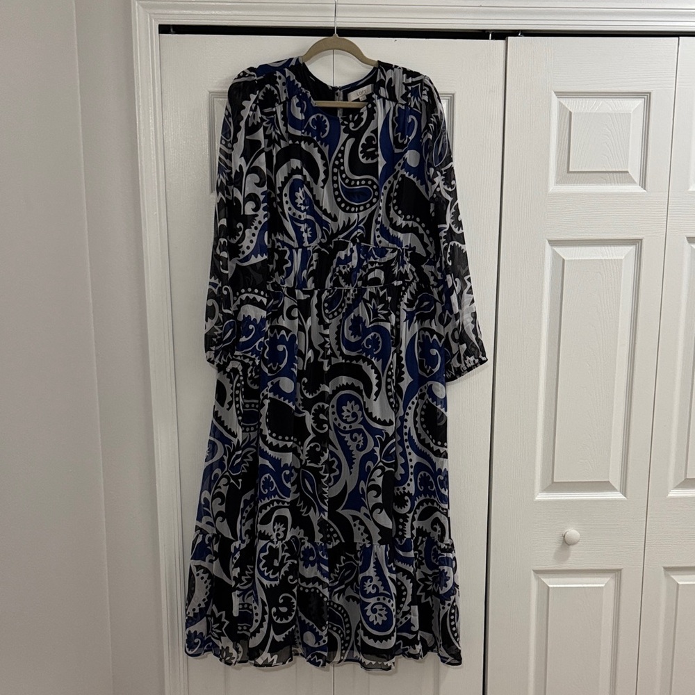 LOFT Elegant Blue and Black Paisley Long Sleeve Dress